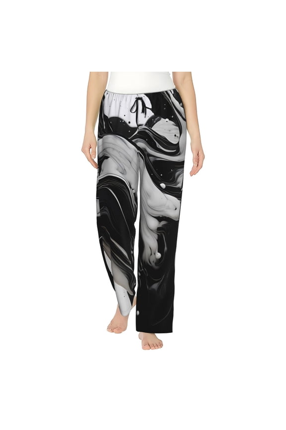 Fluid Black White Paint Swirls Women’s Womens Pajama Pants, Lounge Wide Leg PantsLounge Pants,Sleep Bottoms, Lounge for Women-Large