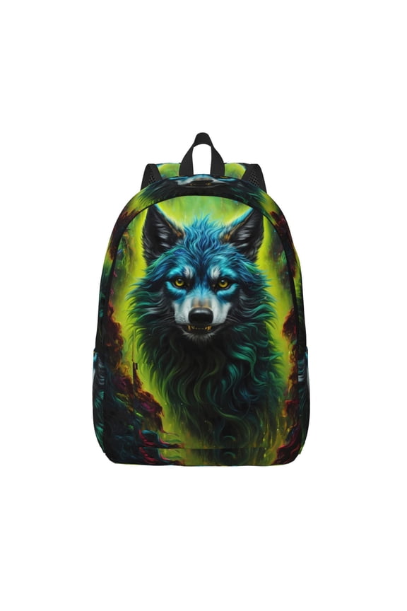 Fluorescent Wolf Print Canvas Backpack Travel Rucksack Unisex Knapsack 15.7/17.7Inch Laptop Backpack for Work,College -Medium