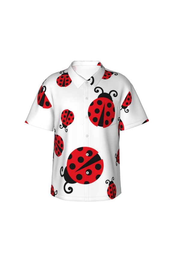 Fly Flying Ladybug Print Men's Hawaiian Shirts Button Down Tropical Holiday Beach Shirts Vacation Clothes,XX-Large