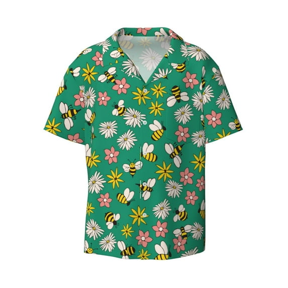 Vsdgher Flying Bees Print Men's Wrinkle Free Untucked Cuban Shirt Business Casual Button Down Shirts Short Sleeve Shirt
