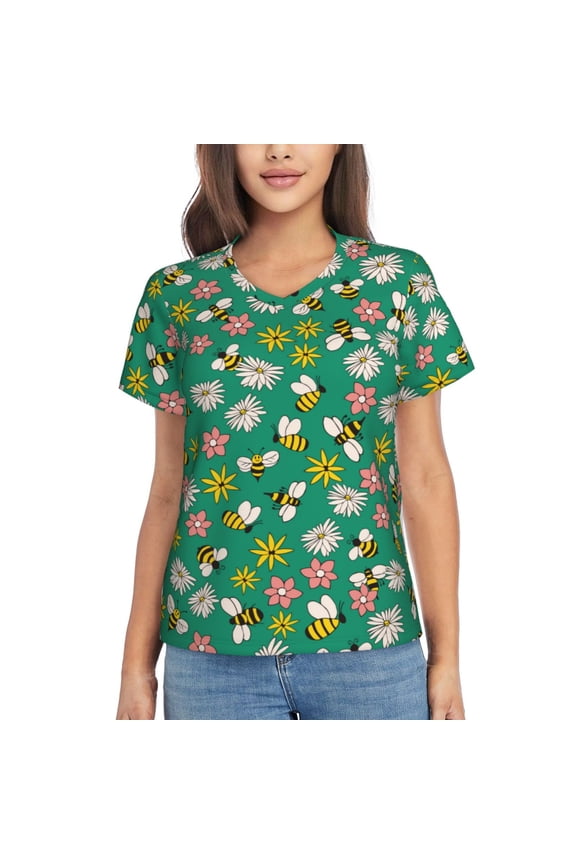 Flying Bees Women Shirts V Neck Short Sleeve Tops T-Shirt Basic Tees, S to 3XLMedium