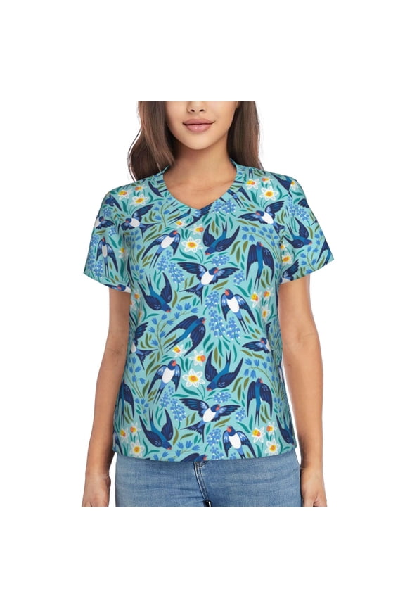 Flying Swallows Women Shirts V Neck Short Sleeve Tops T-Shirt Basic Tees, S to 3XLLarge