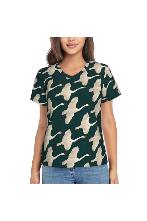 Flying Swans Women Shirts V Neck Short Sleeve Tops T-Shirt Basic Tees, S to 3XLMedium