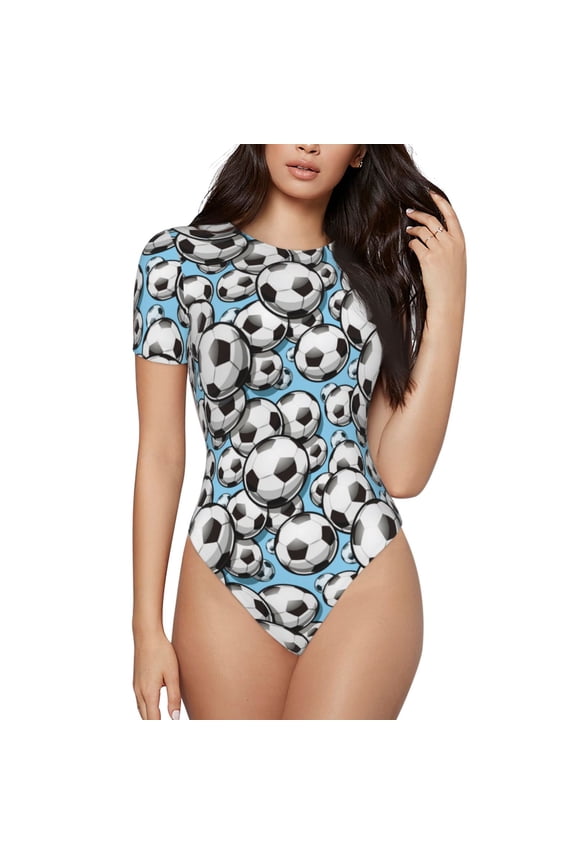 Football Soccer Ball Prinr Short Sleeve Body suit for Womens, Sexy Onesie One Piece Round Neck Bodysuit Shapewear Tummy Control-XX-Large