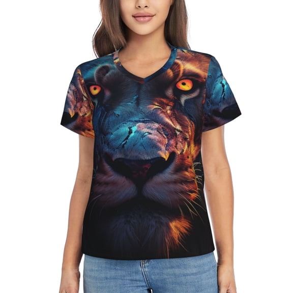 Vsdgher Forest Cool Lion Women Shirts V Neck Short Sleeve Tops T-Shirt Basic Tees, S to 3XLLarge