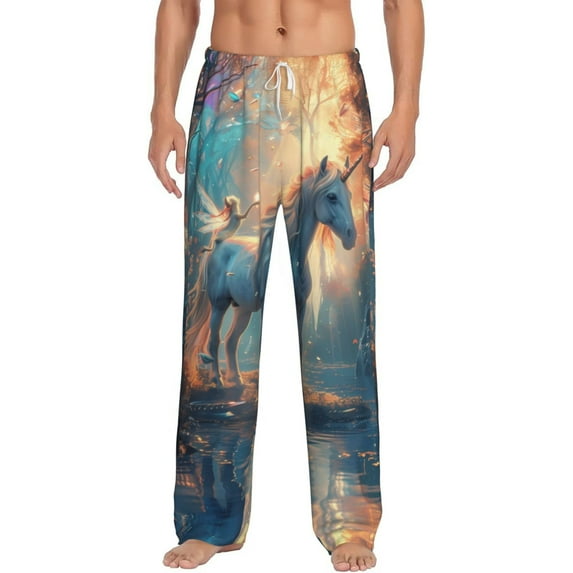 Vsdgher Forest Lake White Horse Print Mens Pajama Pants Sleep & Lounge Pants, PJ Bottoms With elastic waistb and Pockets