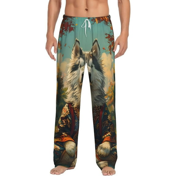 Vsdgher Forest Maple Leaf Husky Print Mens Pajama Pants Sleep & Lounge Pants, PJ Bottoms With elastic waistb and Pockets