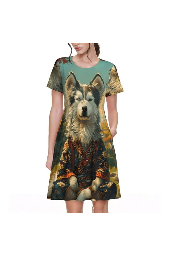 Forest Maple Leaf Husky for Womens Summer 2025 Casual Midi Maxi Dresses Lightweight Short Sleeve Round Neck Beach Dress -3X-Large