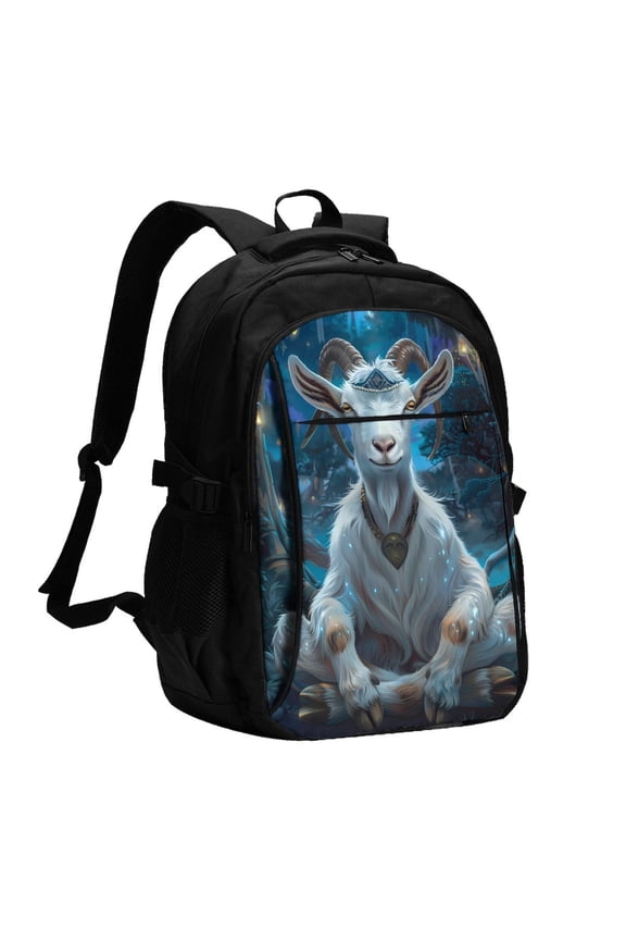 Forest Meditating Goat Print Travel Laptop Backpack, Laptops Backpack with USB Charging Port, Water Resistant Computer Bag Gift for Men & Women