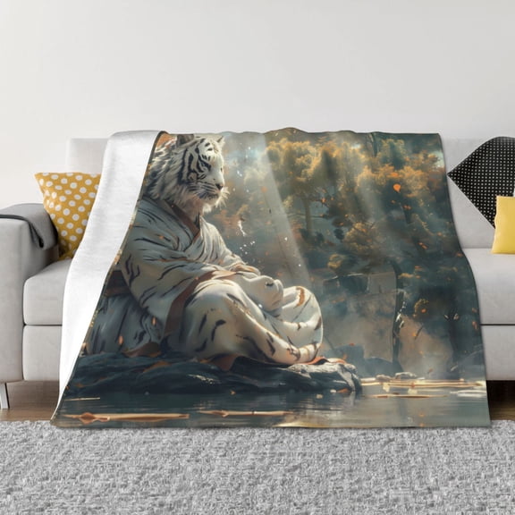 Vsdgher Forest Meditating White Tiger Pattern Fleece Throw Blanket, Horizontal Fleece Bedding Home Decor for Couch & Bed All Season Use -50"x40"