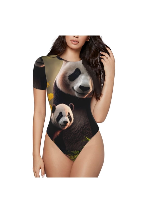 Forest Panda Prinr Short Sleeve Body suit for Womens, Sexy Onesie One Piece Round Neck Bodysuit Shapewear Tummy Control-X-Large