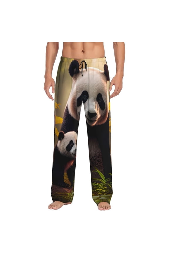 Forest Panda Print Mens Pajama Pants Sleep & Lounge Pants, PJ Bottoms With elastic waistb and Pockets