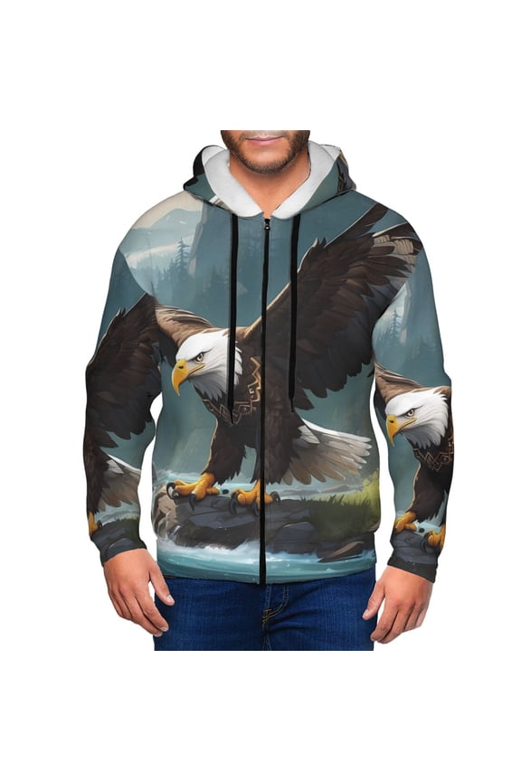 Forest River Bald Eagle Mens Hoodies Zip Hoodie, Hoodies for Men, Zip-up Hooded Sweatshirt-Large