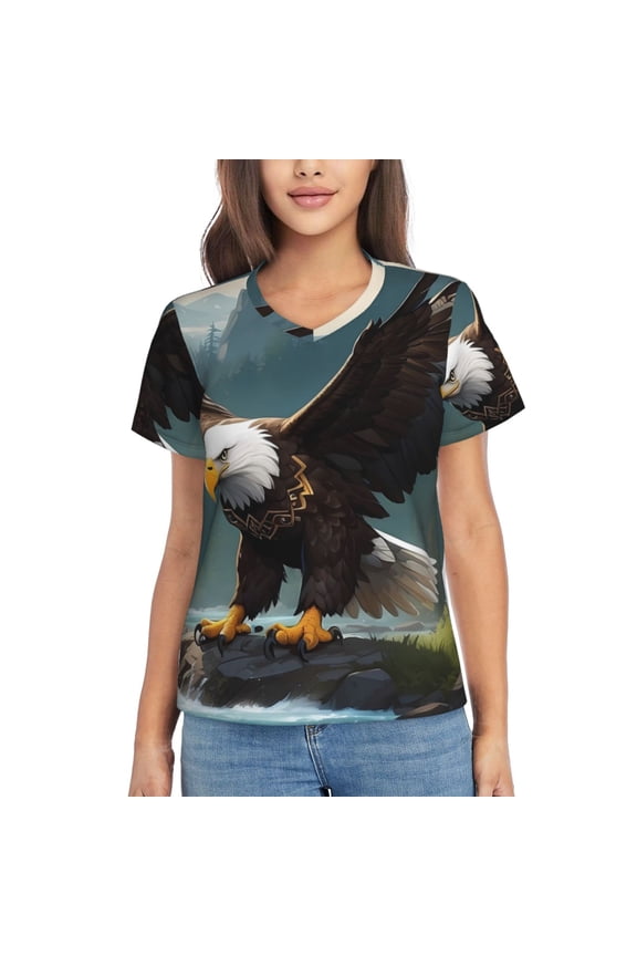Forest River Bald Eagle Women Shirts V Neck Short Sleeve Tops T-Shirt Basic Tees, S to 3XLLarge