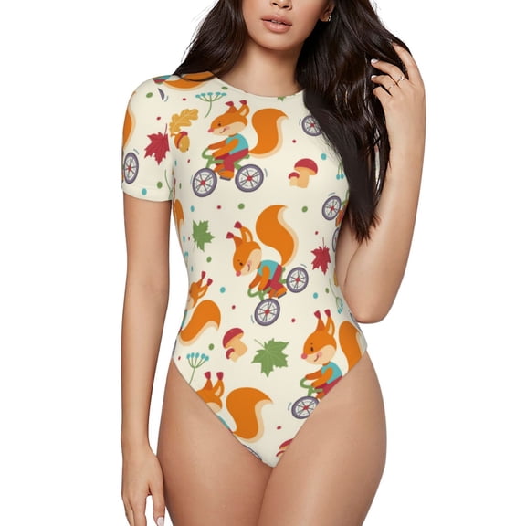 Vsdgher Forest Squirrel Prinr Short Sleeve Body suit for Womens, Sexy Onesie One Piece Round Neck Bodysuit Shapewear Tummy Control-Large