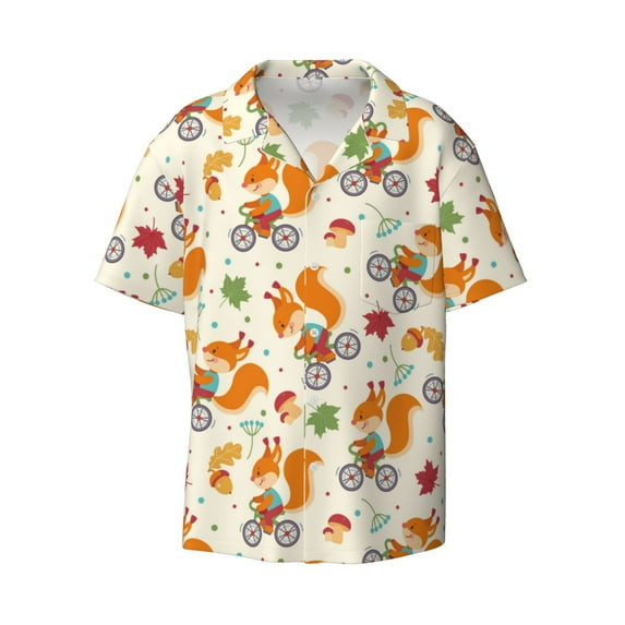 Vsdgher Forest Squirrel Print Men's Wrinkle Free Untucked Cuban Shirt Business Casual Button Down Shirts Short Sleeve Shirt