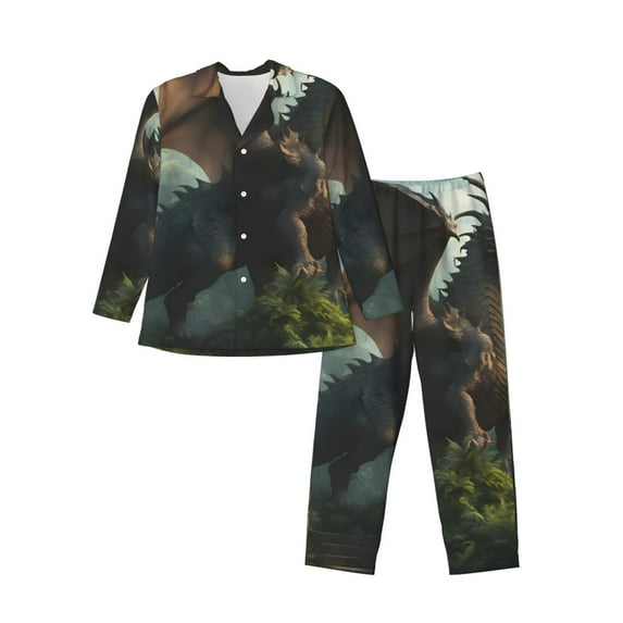 Vsdgher Forest Stone-Colored Dragon Mens Pajama Set, Soft Warm Long Sleeve Sleepwear, Cozy Button-Down Pjs for Men-X-Large