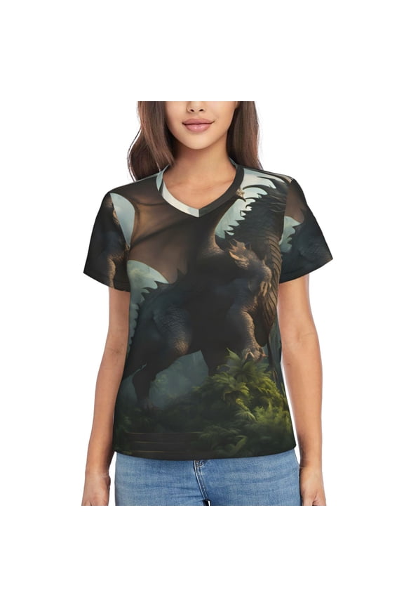 Forest Stone-Colored Dragon Women Shirts V Neck Short Sleeve Tops T-Shirt Basic Tees, S to 3XLLarge