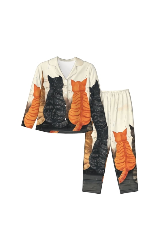 Four Cats Watching Rain Pajamas Set Long Sleeve Sleepwear Womens Button Down Nightwear Pj Sets-X-Large