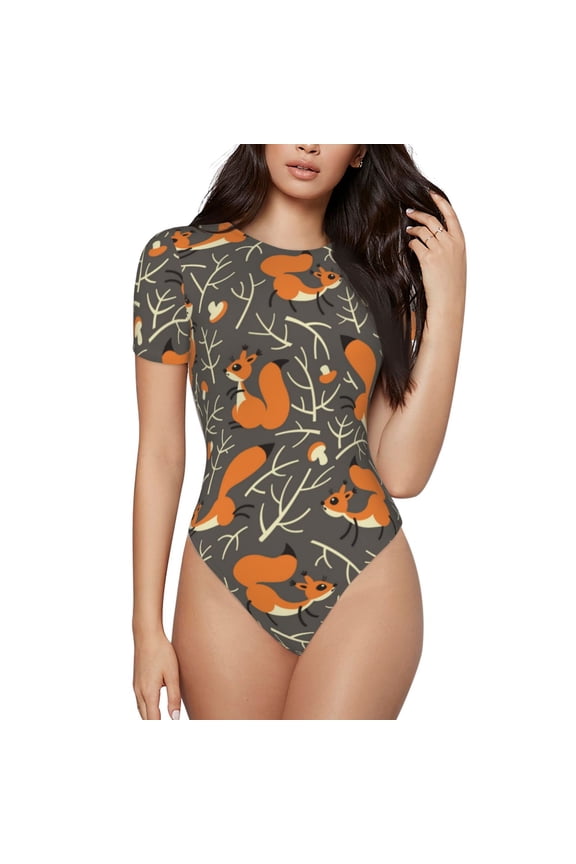Fox And Mushroom Prinr Short Sleeve Body suit for Womens, Sexy Onesie One Piece Round Neck Bodysuit Shapewear Tummy Control-Large