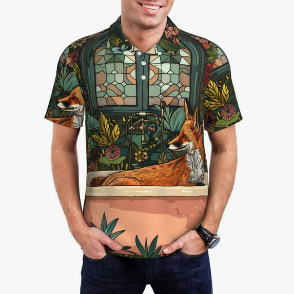Vsdgher Fox Bathtub Floral Art Polo Shirts for Men, Men's Short Sleeve Stretch Polo Shirt, Shirts for Men-3X-Large