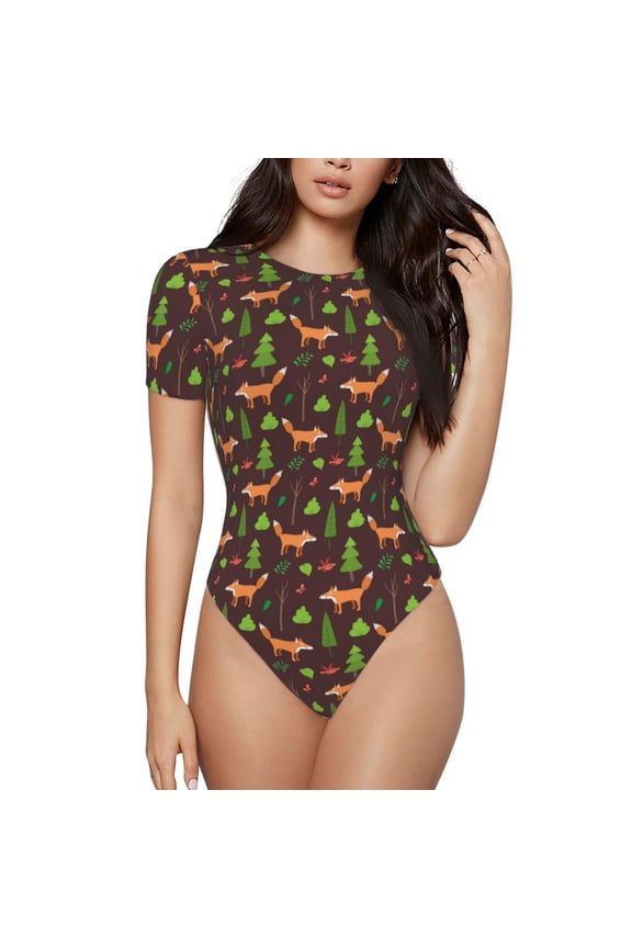 Fox In Forest Prinr Short Sleeve Body suit for Womens, Sexy Onesie One Piece Round Neck Bodysuit Shapewear Tummy Control-XX-Large