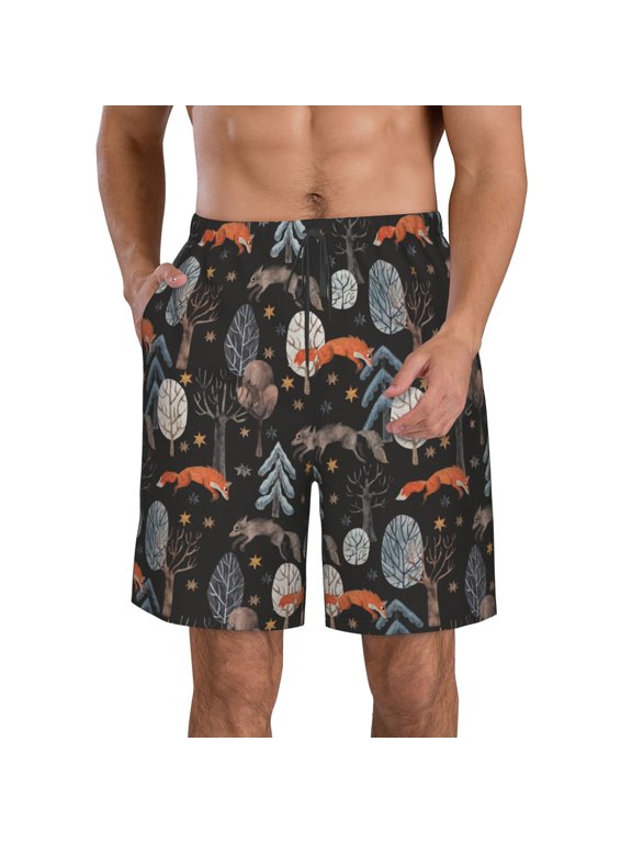 Fox In The Forest Men's Beach Shorts, Surfing shorts, Swim trunks, Quick Dry Swim Trunks for Surfing Beach Fun -Small
