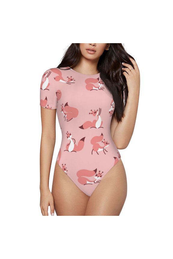 Fox Prinr Short Sleeve Body suit for Womens, Sexy Onesie One Piece Round Neck Bodysuit Shapewear Tummy Control-XX-Large
