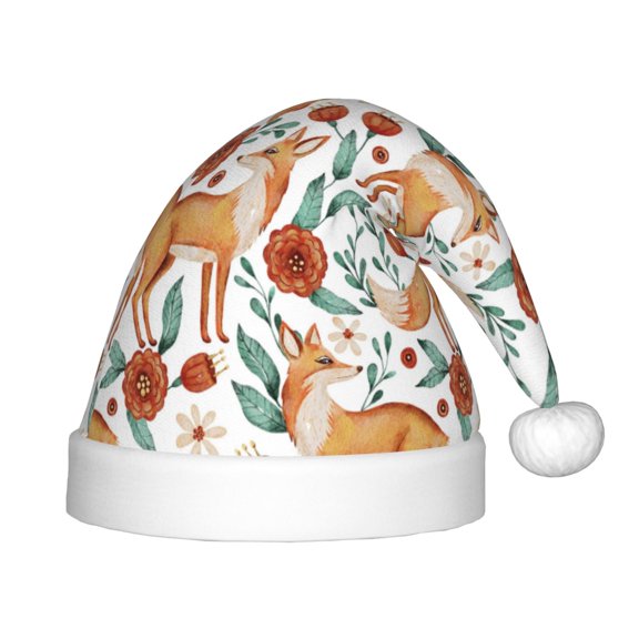Vsdgher Foxes and Floral Harmony Christmas Hat, Santa Hat for Kids Xmas Holiday Hat Red Classic Christmas New Year Festive Party Supplies