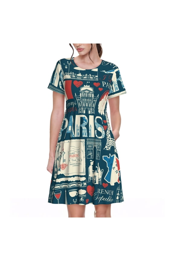 France and Paris for Womens Summer 2025 Casual Midi Maxi Dresses Lightweight Short Sleeve Round Neck Beach Dress -X-Large