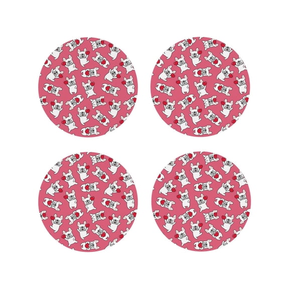 Vsdgher French Bulldog And Heart Leather Coasters for Drinks, Durable Drink Coasters 4 Set for Tabletop Protection, Luxurious Home Décor and Housewarming Gift ( {designName})Round Shape