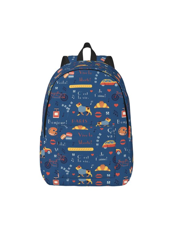 French Bulldog Dog In Beret Print Canvas Backpack Travel Rucksack Unisex Knapsack 15.7/17.7Inch Laptop Backpack for Work,College -Small