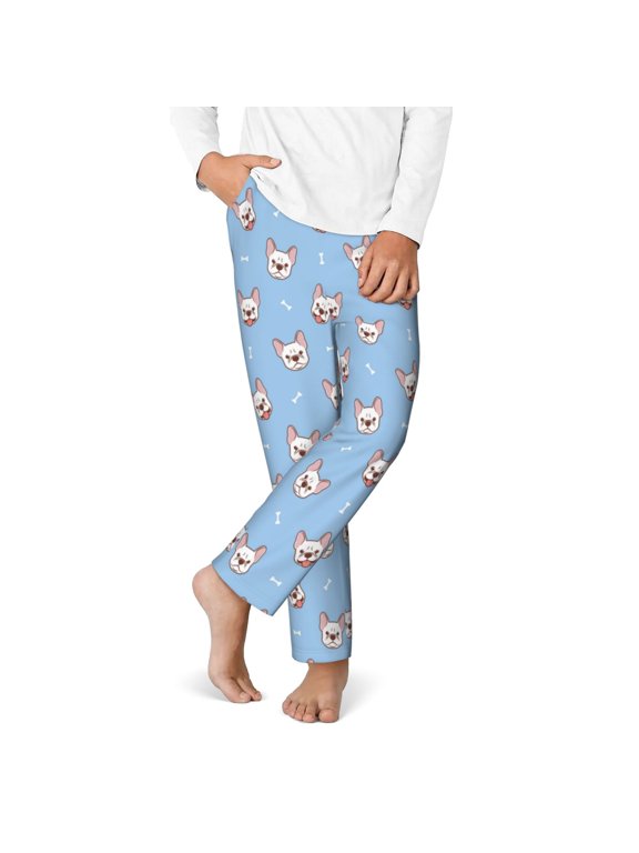 French Bulldog Head Print Kids Pajama Pants,Long Sleep Plaid Pants Soft Lounge Pj Bottoms Sleep Pants with Pockets-Medium