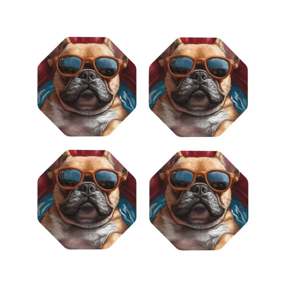 Vsdgher French Bulldog In Sunglasses Leather Coasters for Drinks, Durable Drink Coasters 4 Set for Tabletop Protection, Luxurious Home Décor and Housewarming Gift-Octagon