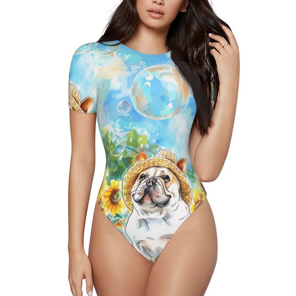 Vsdgher French Bulldog Sunflowers Bubbles Prinr Short Sleeve Body suit for Womens, Sexy Onesie One Piece Round Neck Bodysuit Shapewear Tummy Control-X-Large