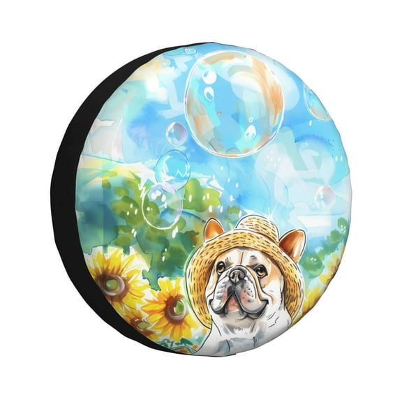Vsdgher French Bulldog Sunflowers Bubbles for Spare Tire Cover, Tire Wheel Protector Wheel Cover Fit for Truck,Trailer,RV,SUV,Camper and Most Vehicle-15 inch