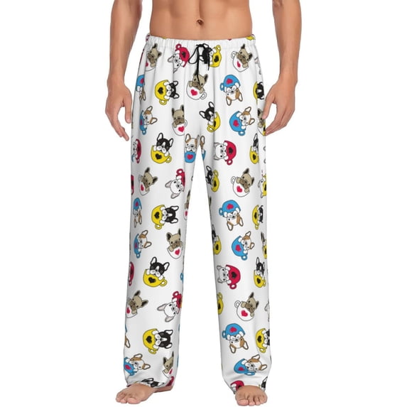 Vsdgher French Bulldog With Coffee Cup Print Mens Pajama Pants Sleep & Lounge Pants, PJ Bottoms With elastic waistb and Pockets