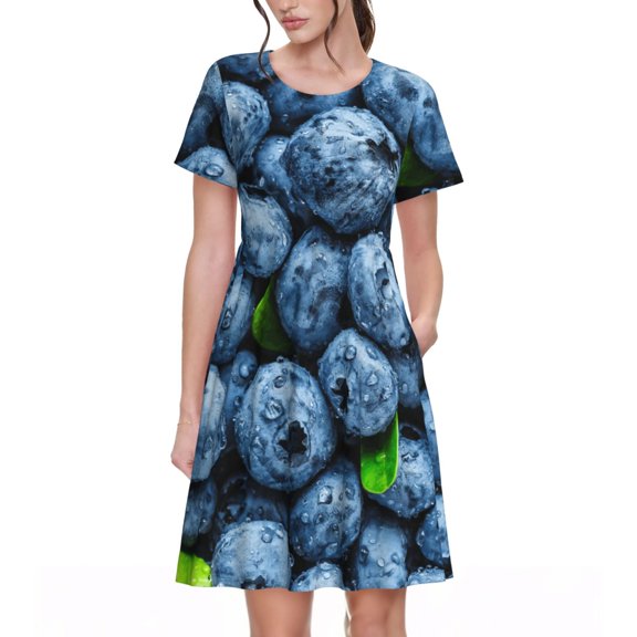 Vsdgher Fresh Blueberries for Womens Summer 2025 Casual Midi Maxi Dresses Lightweight Short Sleeve Round Neck Beach Dress -XX-Large