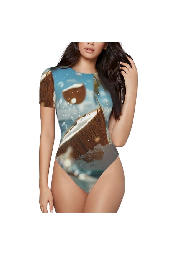 Fresh Coconut Splash Prinr Short Sleeve Body suit for Womens, Sexy Onesie One Piece Round Neck Bodysuit Shapewear Tummy Control-Medium