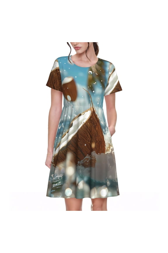 Fresh Coconut Splash for Womens Summer 2025 Casual Midi Maxi Dresses Lightweight Short Sleeve Round Neck Beach Dress -XX-Large