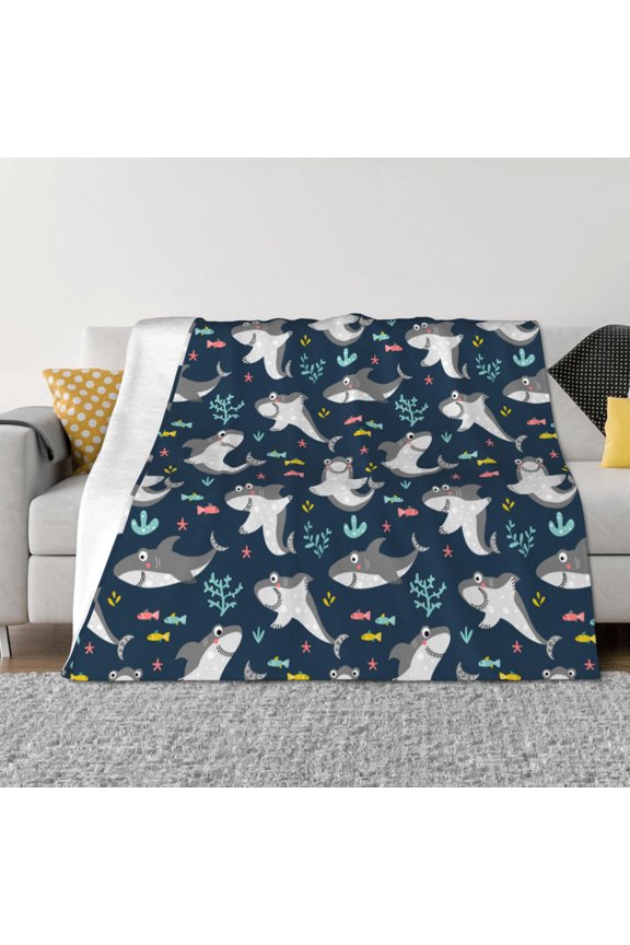 Friendly Sharks Pattern Fleece Throw Blanket, Horizontal Fleece Bedding Home Decor for Couch & Bed All Season Use -80"x60"