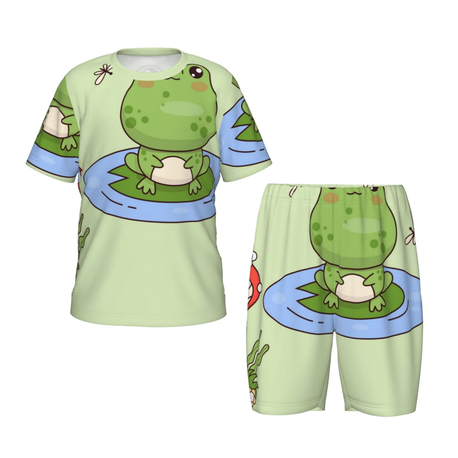 Women's Cute Frog & Mushroom Pajama Set - Short Sleeve Tee And Shorts, Cotton Blend, Summer Sleepwear (White Navy, Medium)