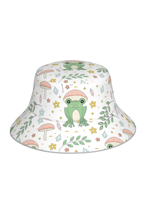Frog and Mushrooms Print Bucket Hat for Men&Women Bucket Hat Reversible Summer Double-Side-Wear Travel Gardening, Beach, Camping, Hiking, Fishing Cap
