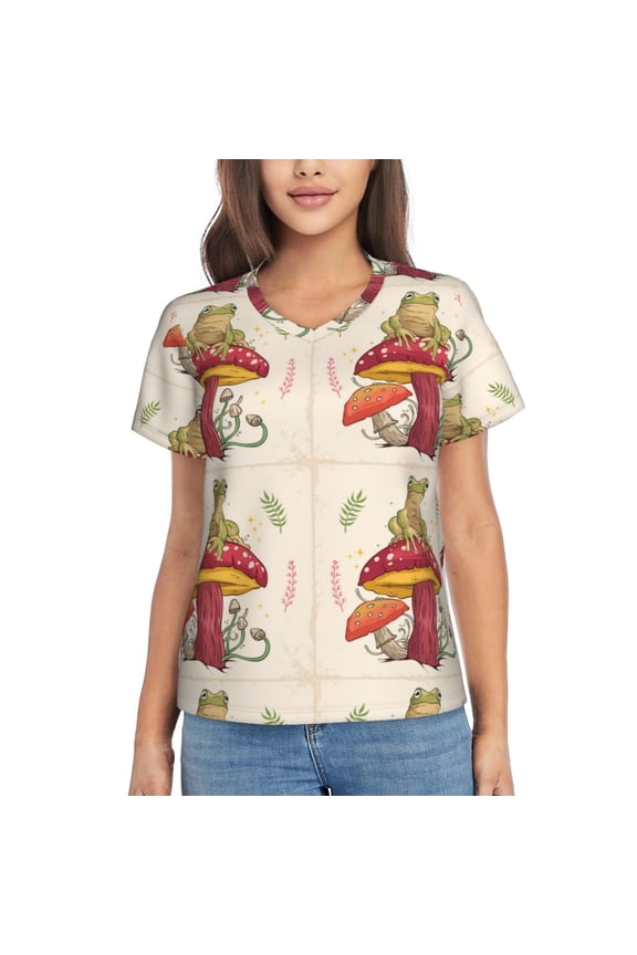 Frog Sitting On Mushroom Women Shirts V Neck Short Sleeve Tops T-Shirt Basic Tees, S to 3XL3X-Large