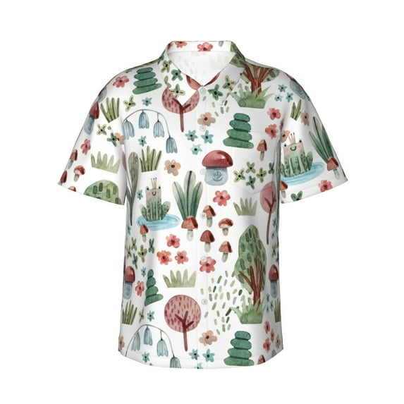 Vsdgher Frog and Forest Plants Print Men's Hawaiian Shirts Button Down Tropical Holiday Beach Shirts Vacation Clothes,Large