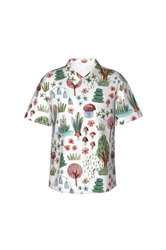 Frog and Forest Plants Print Men's Hawaiian Shirts Button Down Tropical Holiday Beach Shirts Vacation Clothes,Medium