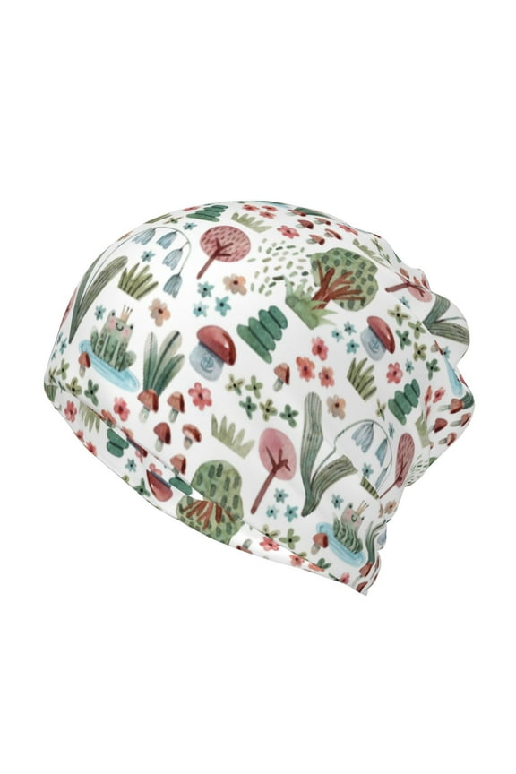 Frog and Forest Plants Slouchy Beanie Hat for Men/Women, Skull Cap Chemo Cap Night Sleeping Cap