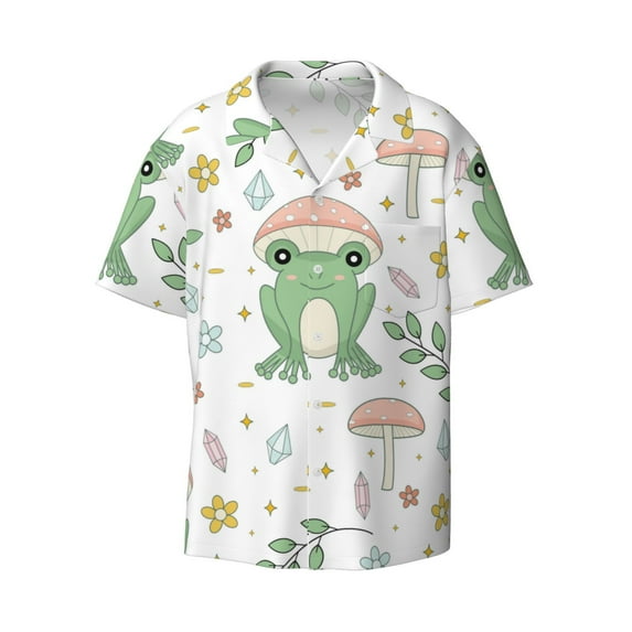 Vsdgher Frog and Mushrooms Print Men's Wrinkle Free Untucked Cuban Shirt Business Casual Button Down Shirts Short Sleeve Shirt