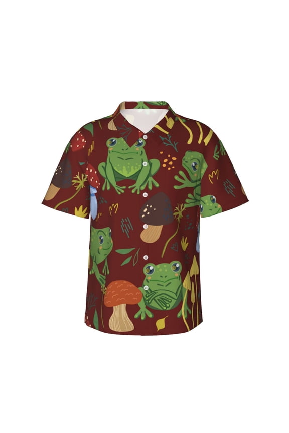 Frogs and Mushrooms Print Men's Hawaiian Shirts Button Down Tropical Holiday Beach Shirts Vacation Clothes,Medium