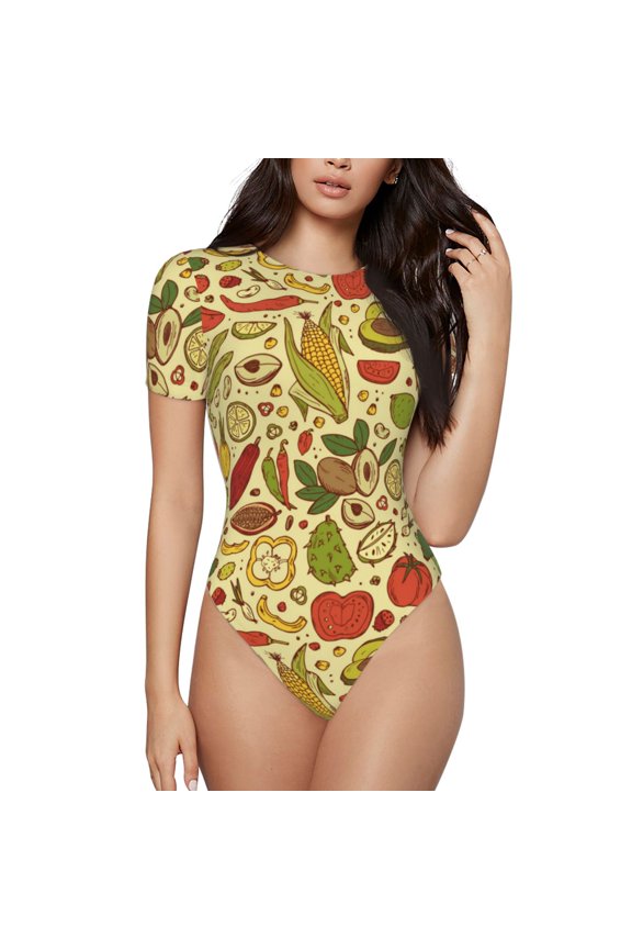 Fruits And Vegetables Prinr Short Sleeve Body suit for Womens, Sexy Onesie One Piece Round Neck Bodysuit Shapewear Tummy Control-Large